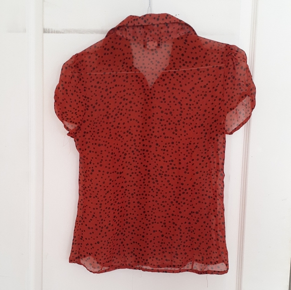 Moss Red Sheer Blouse with Black Polka Dots - Picture 2 of 5